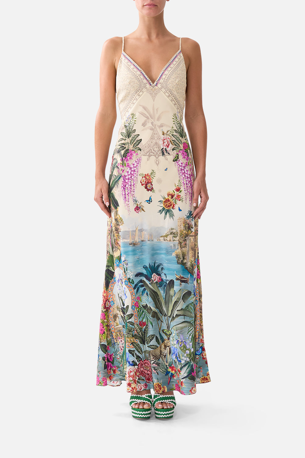 V-NECK FULL LENGTH BIAS SLIP DRESS BODRUM BOTANICALS