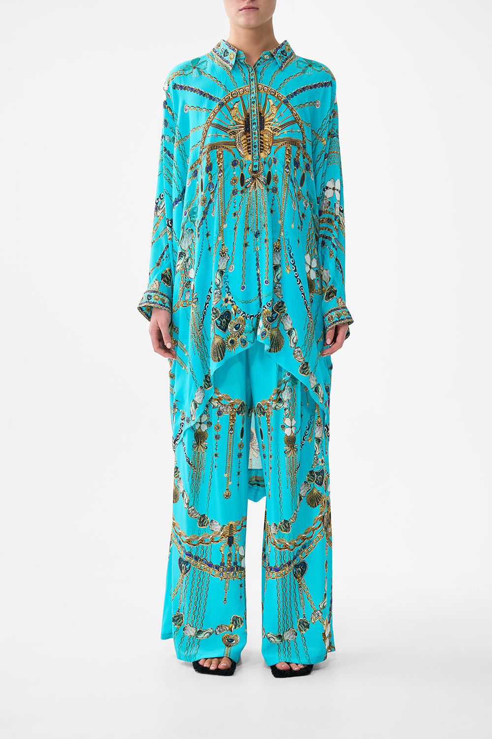 The CAMILLA BUTTON UP TOP WITH DRAPED BACK TOTEMS AND TREASURES in our TOTEMS AND TREASURES print.