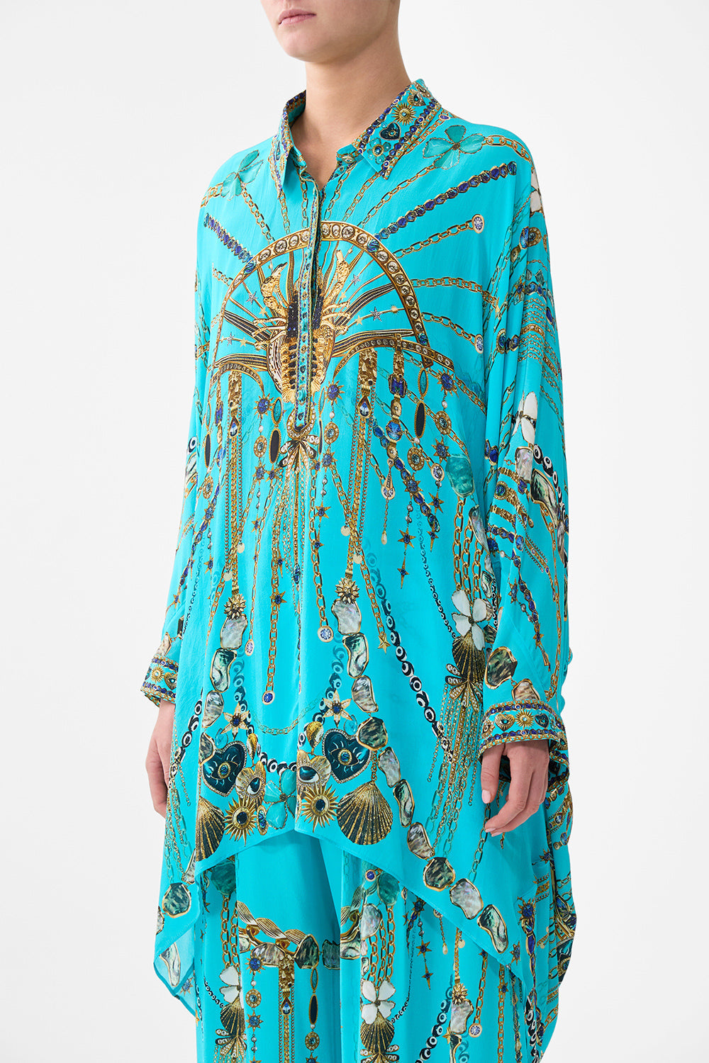 The CAMILLA button up top with draped back from our print totems and treasures