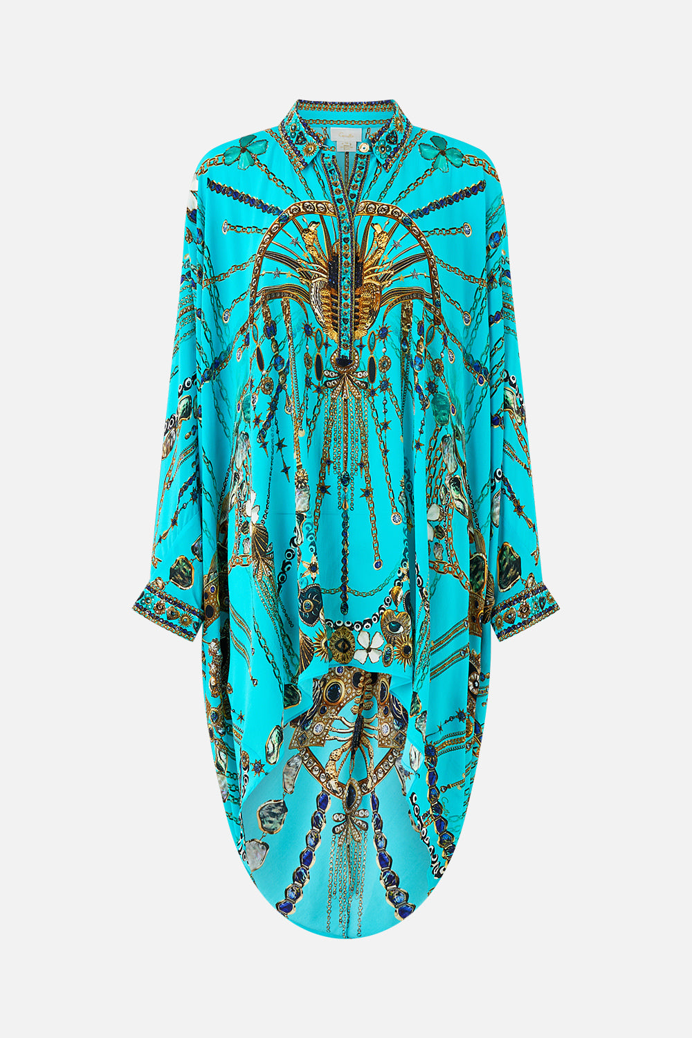The CAMILLA BUTTON UP TOP WITH DRAPED BACK TOTEMS AND TREASURES in our  print.