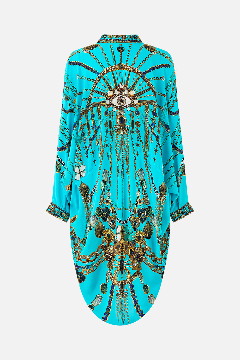 The CAMILLA BUTTON UP TOP WITH DRAPED BACK TOTEMS AND TREASURES in our  print.