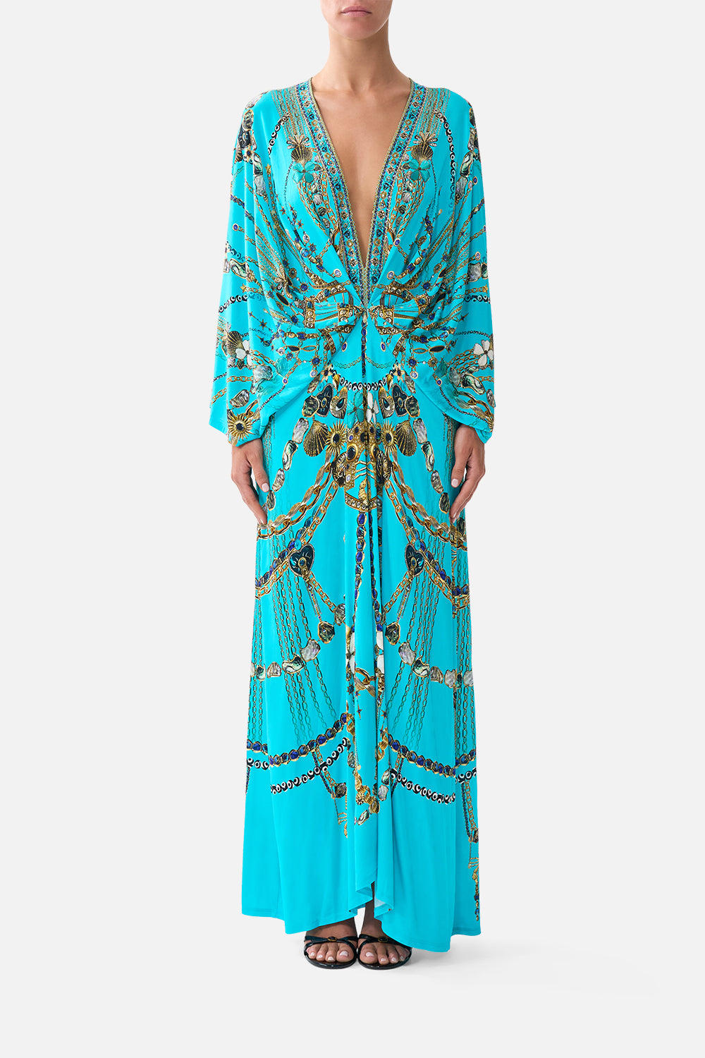 The CAMILLA TUCK FRONT JERSEY DRESS TOTEMS AND TREASURES in our TOTEMS AND TREASURES print.