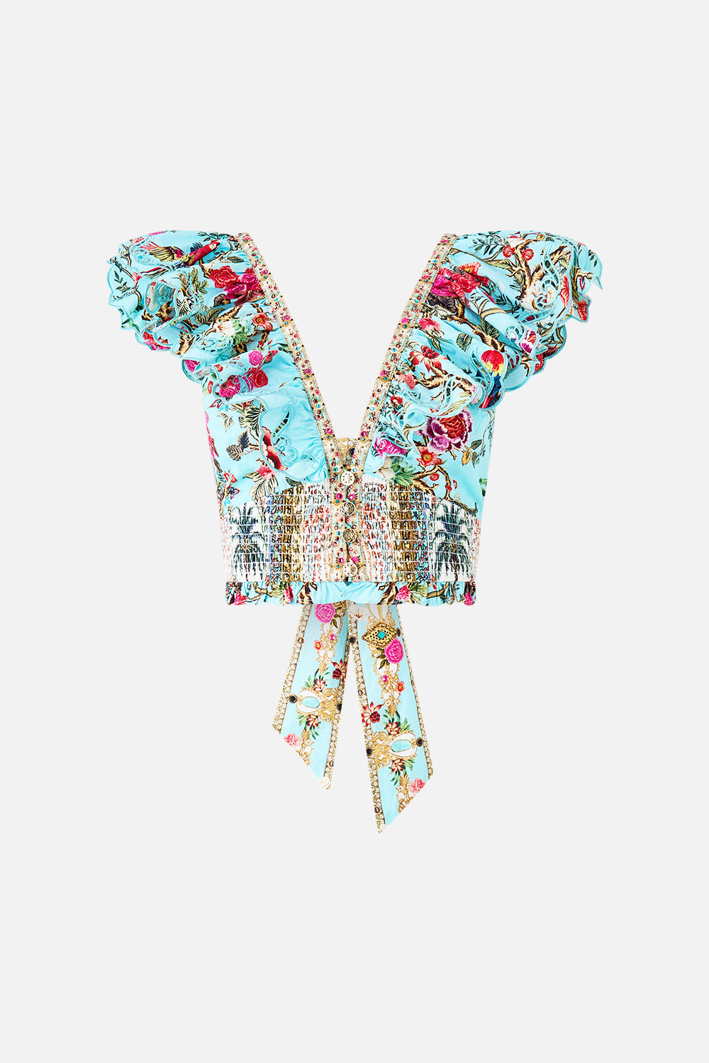The CAMILLA deep v-frill short sleeve top from our print sultans and queens, front product view
