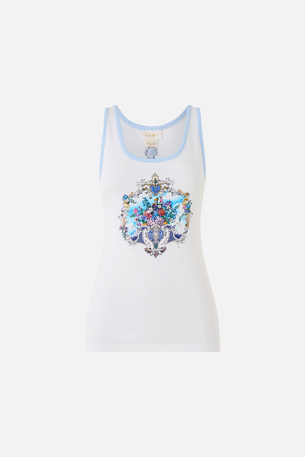 The CAMILLA JERSEY SCOOP NECK TANK TOP - WHITE/BLUE OTTOMAN OPULENCE in our  print.