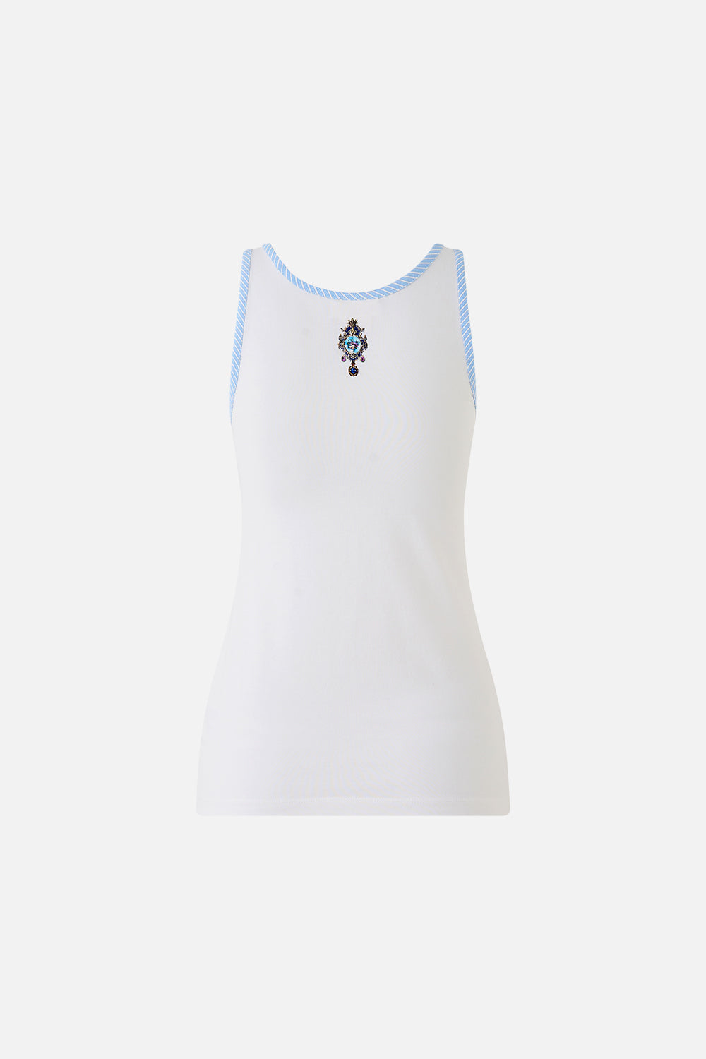 The CAMILLA JERSEY SCOOP NECK TANK TOP - WHITE/BLUE OTTOMAN OPULENCE in our  print.