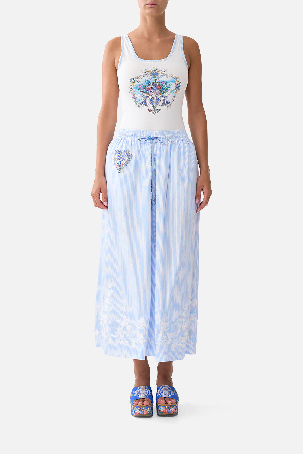 The CAMILLA JERSEY SCOOP NECK TANK TOP - WHITE/BLUE OTTOMAN OPULENCE in our OTTOMAN OPULENCE print.