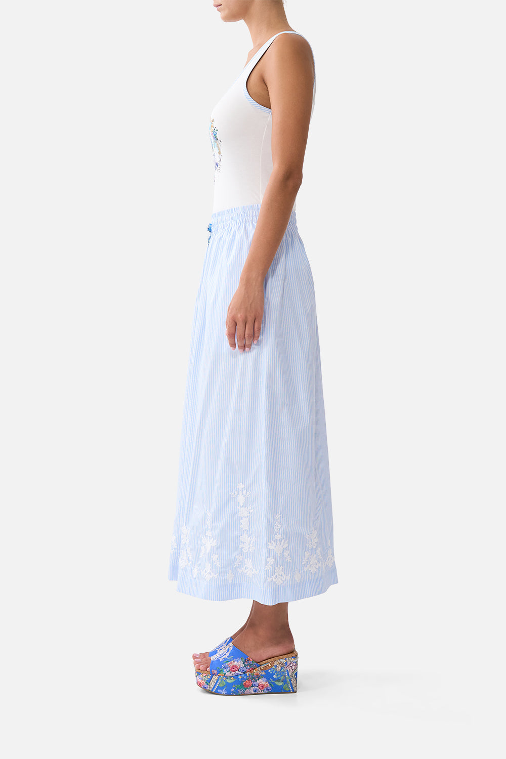 The CAMILLA JERSEY SCOOP NECK TANK TOP - WHITE/BLUE OTTOMAN OPULENCE in our  print.