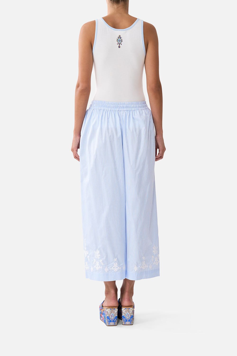 The CAMILLA JERSEY SCOOP NECK TANK TOP - WHITE/BLUE OTTOMAN OPULENCE in our  print.
