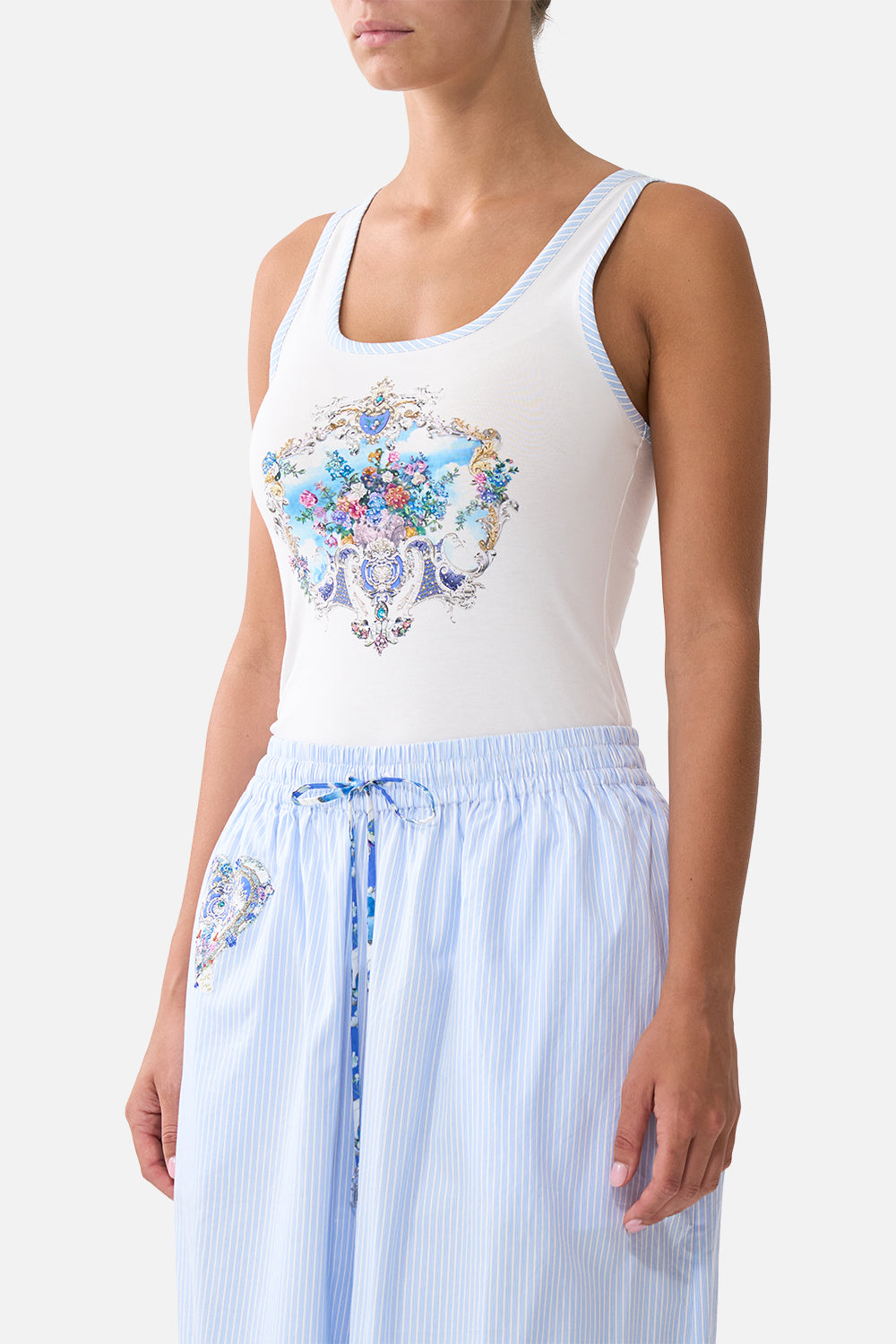 The CAMILLA JERSEY SCOOP NECK TANK TOP - WHITE/BLUE OTTOMAN OPULENCE in our  print.