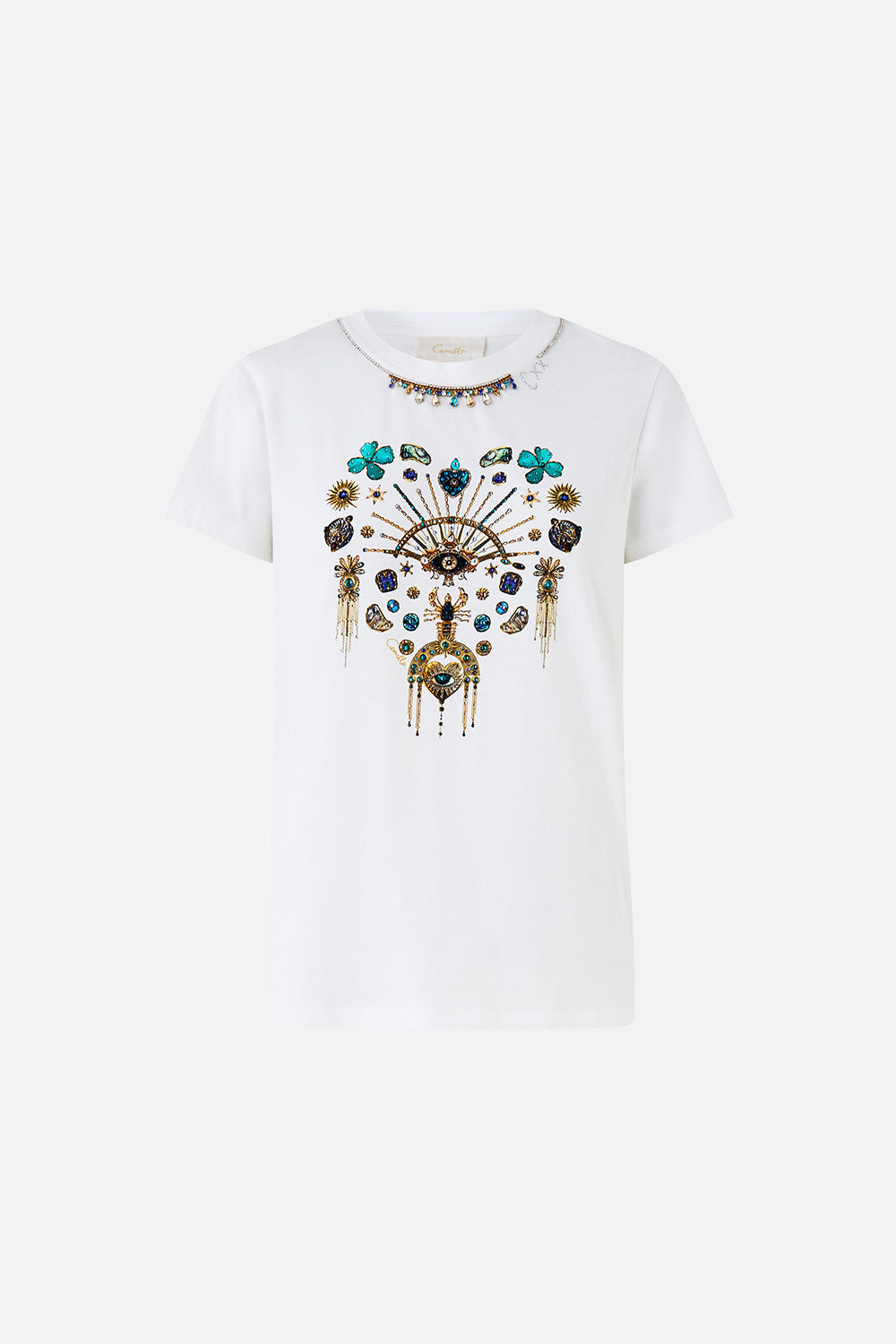 The CAMILLA SLIM FIT ROUND NECK T-SHIRT - WHITE/MULTI TOTEMS AND TREASURES in our  print.