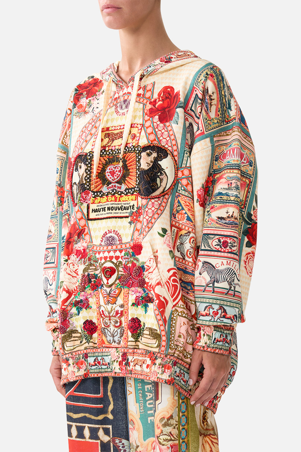 The CAMILLA SILK HEM BAND BOYFRIEND HOODIE - MULTI HIGH CLASS HOOKAH in our  print.