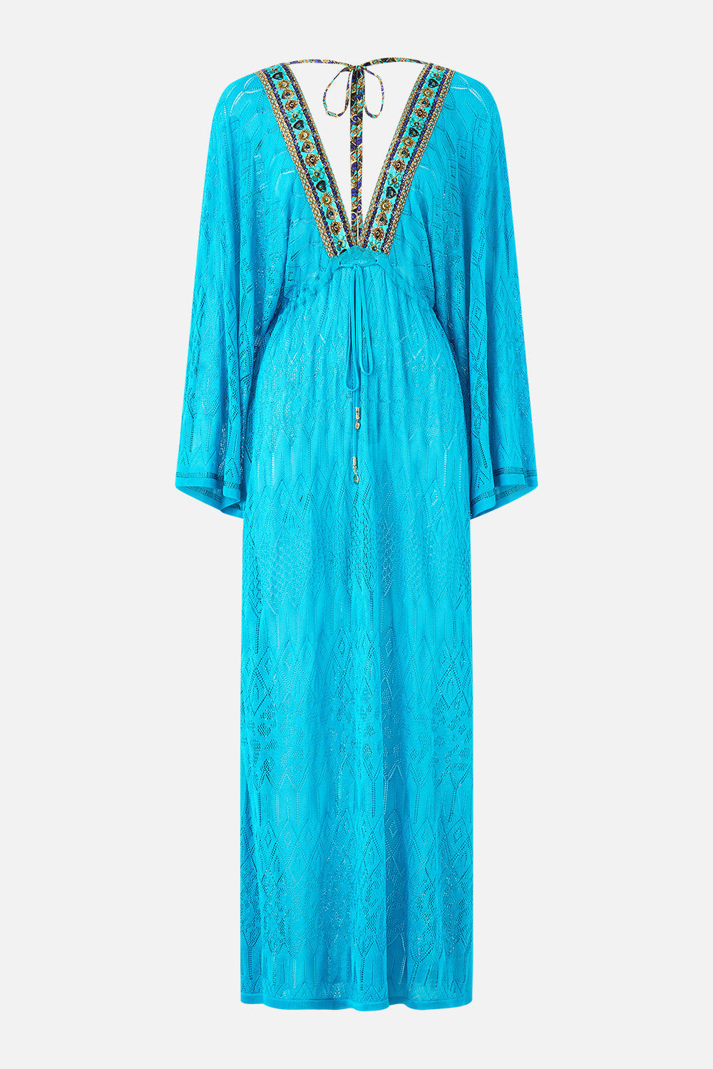 The CAMILLA KNIT KAFTAN WITH SILK NECKLINE TOTEMS AND TREASURES in our  print.