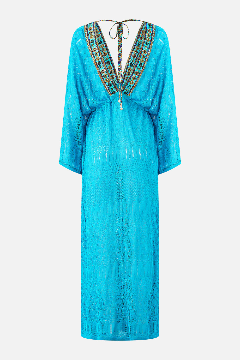 The CAMILLA KNIT KAFTAN WITH SILK NECKLINE TOTEMS AND TREASURES in our  print.