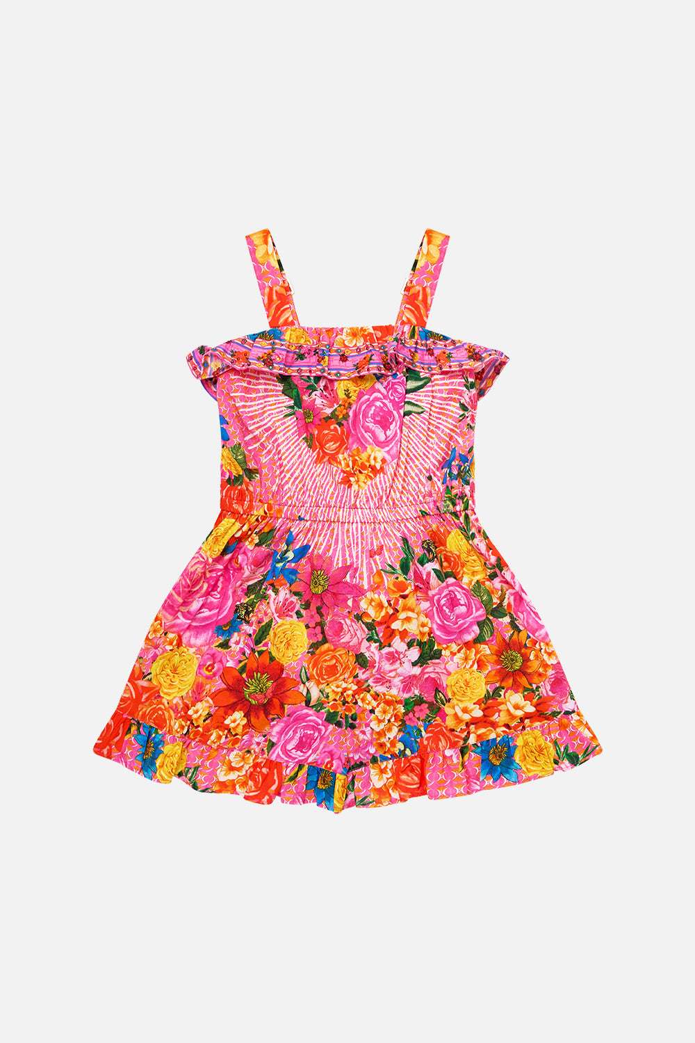 The CAMILLA KIDS WIDE STRAP PLAYSUIT WITH FRILL EDGES ILLUSTRATION NATION in our ILLUSTRATION NATION print.