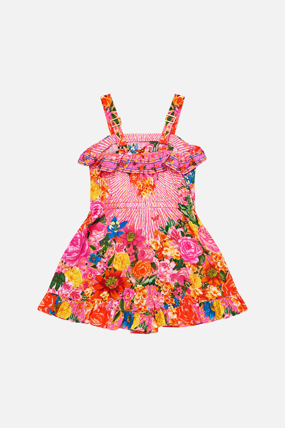 The CAMILLA KIDS WIDE STRAP PLAYSUIT WITH FRILL EDGES ILLUSTRATION NATION in our  print.