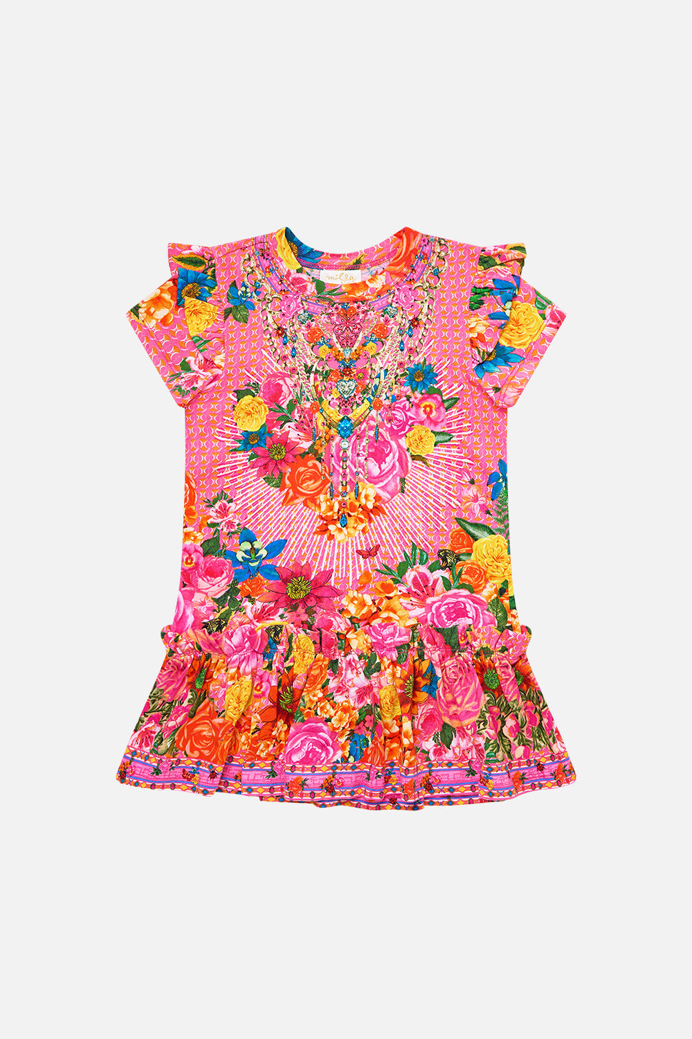The CAMILLA KIDS TEE MINI DRESS W FRILL SHOULDER AND HEM ILLUSTRATION NATION in our ILLUSTRATION NATION print.
