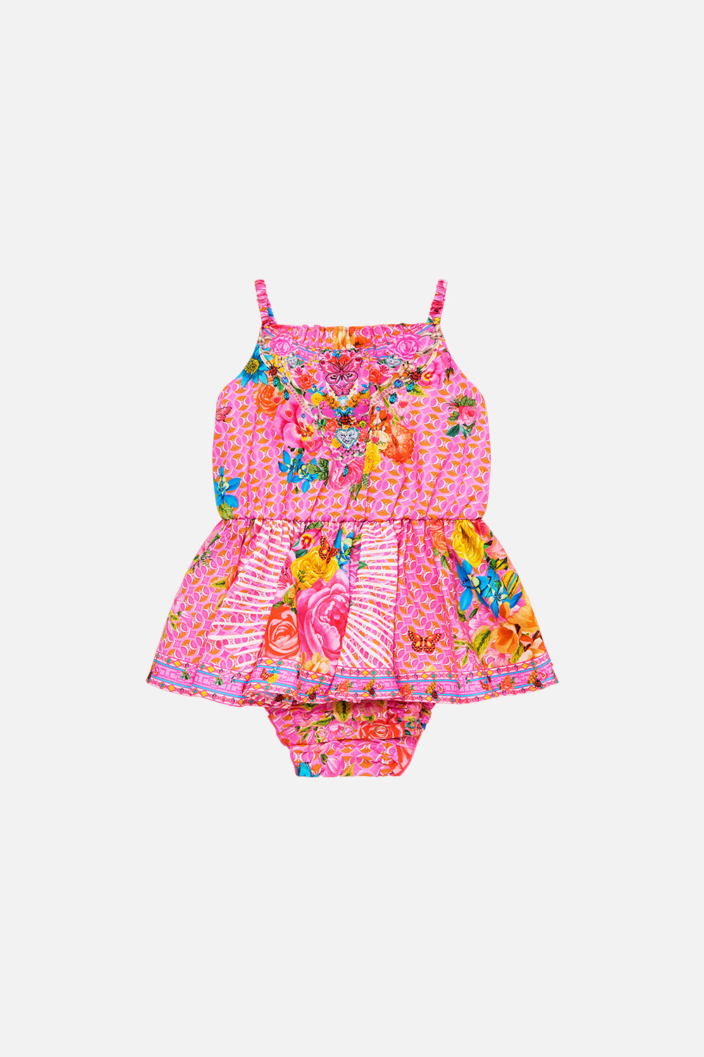 The CAMILLA BABIES JUMP DRESS WITH FRILL NECK ILLUSTRATION NATION in our ILLUSTRATION NATION print.