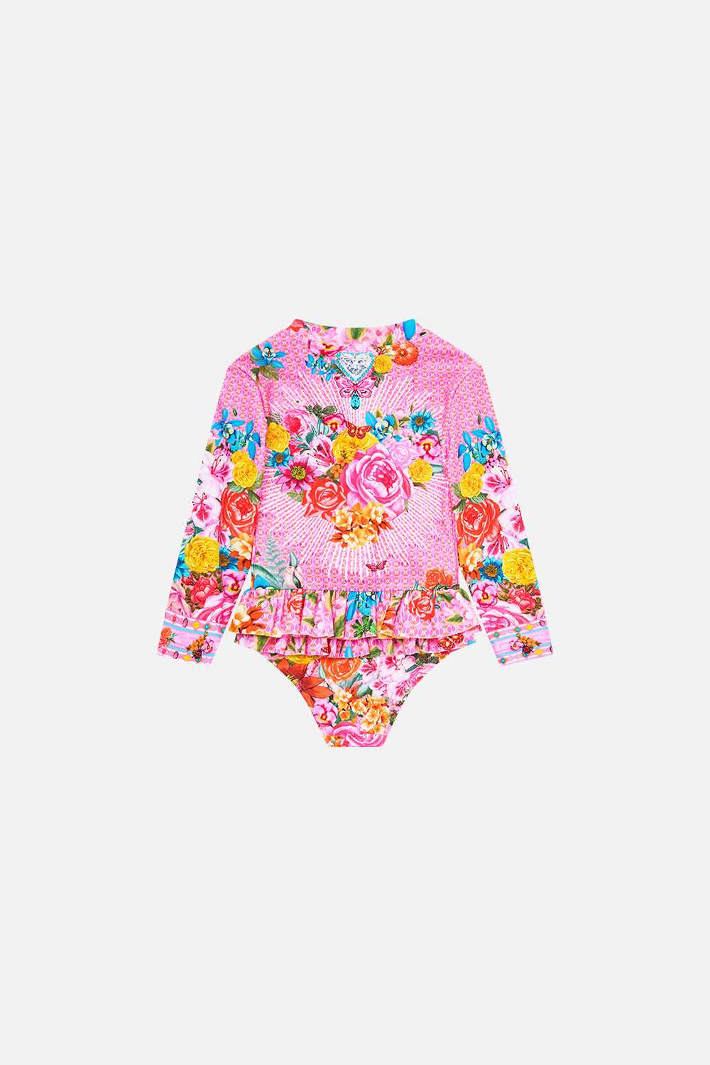 The CAMILLA BABIES ZIP FRONT PADDLE SUIT WITH FRILL BACK ILLUSTRATION NATION in our  print.