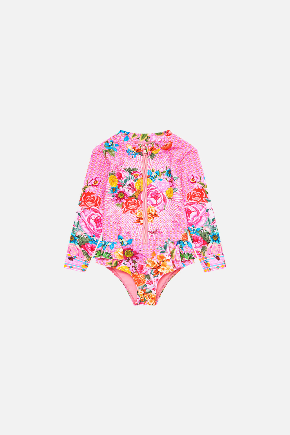 The CAMILLA BABIES ZIP FRONT PADDLE SUIT WITH FRILL BACK ILLUSTRATION NATION in our ILLUSTRATION NATION print.