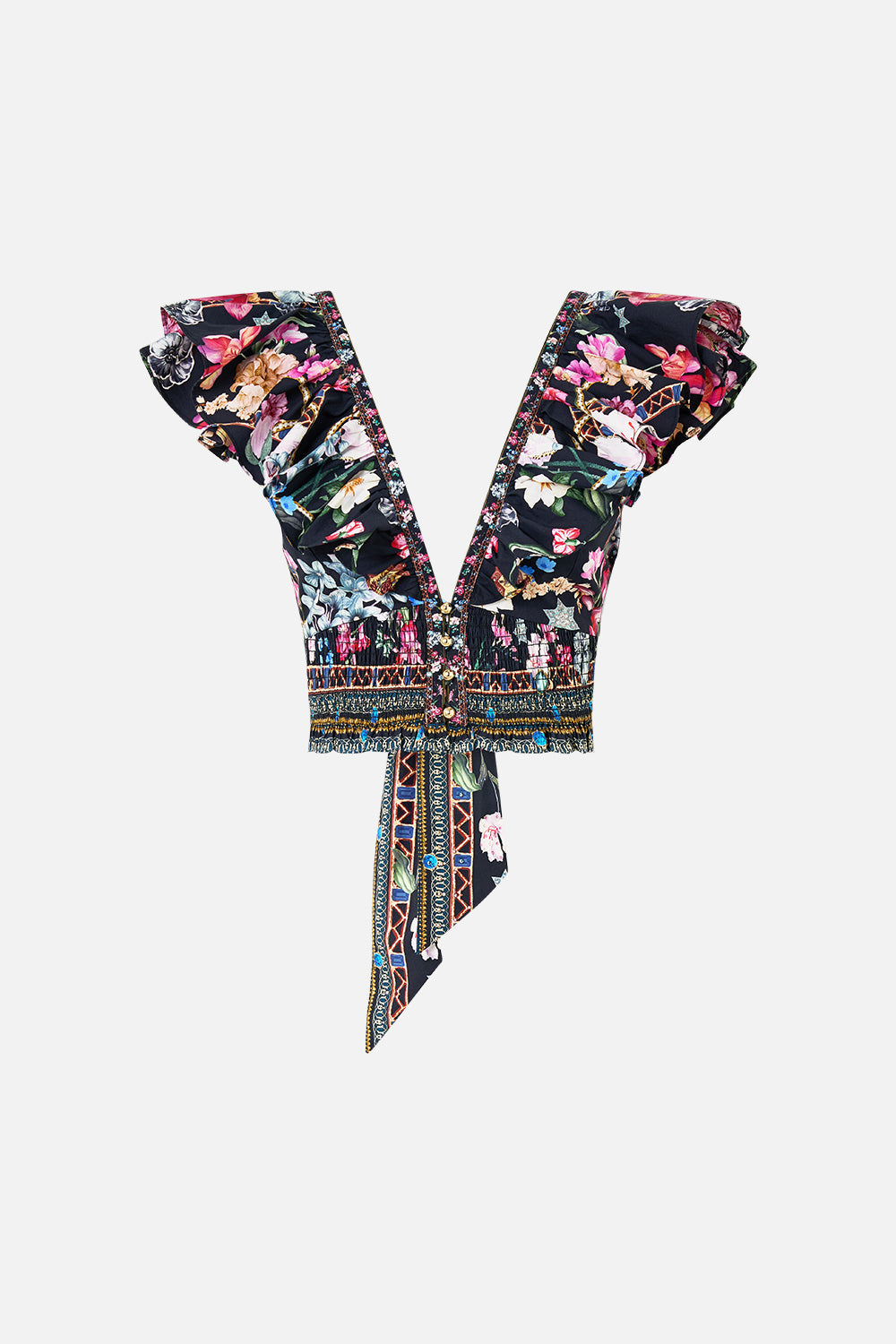 The CAMILLA DEEP V FRILL SHORT SLEEVE TOP MIDNIGHT IN MONSERRATE in our  print.