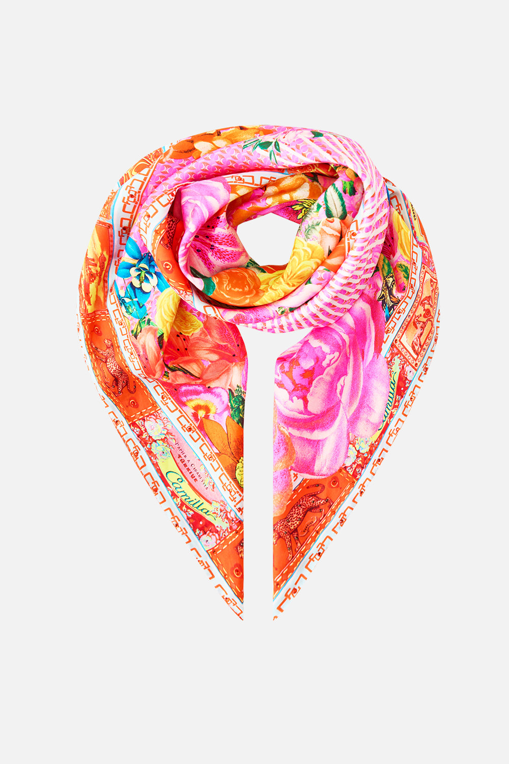 The CAMILLA LARGE CRYSTALLED SILK SQUARE SCARF ILLUSTRATION NATION in our ILLUSTRATION NATION print.