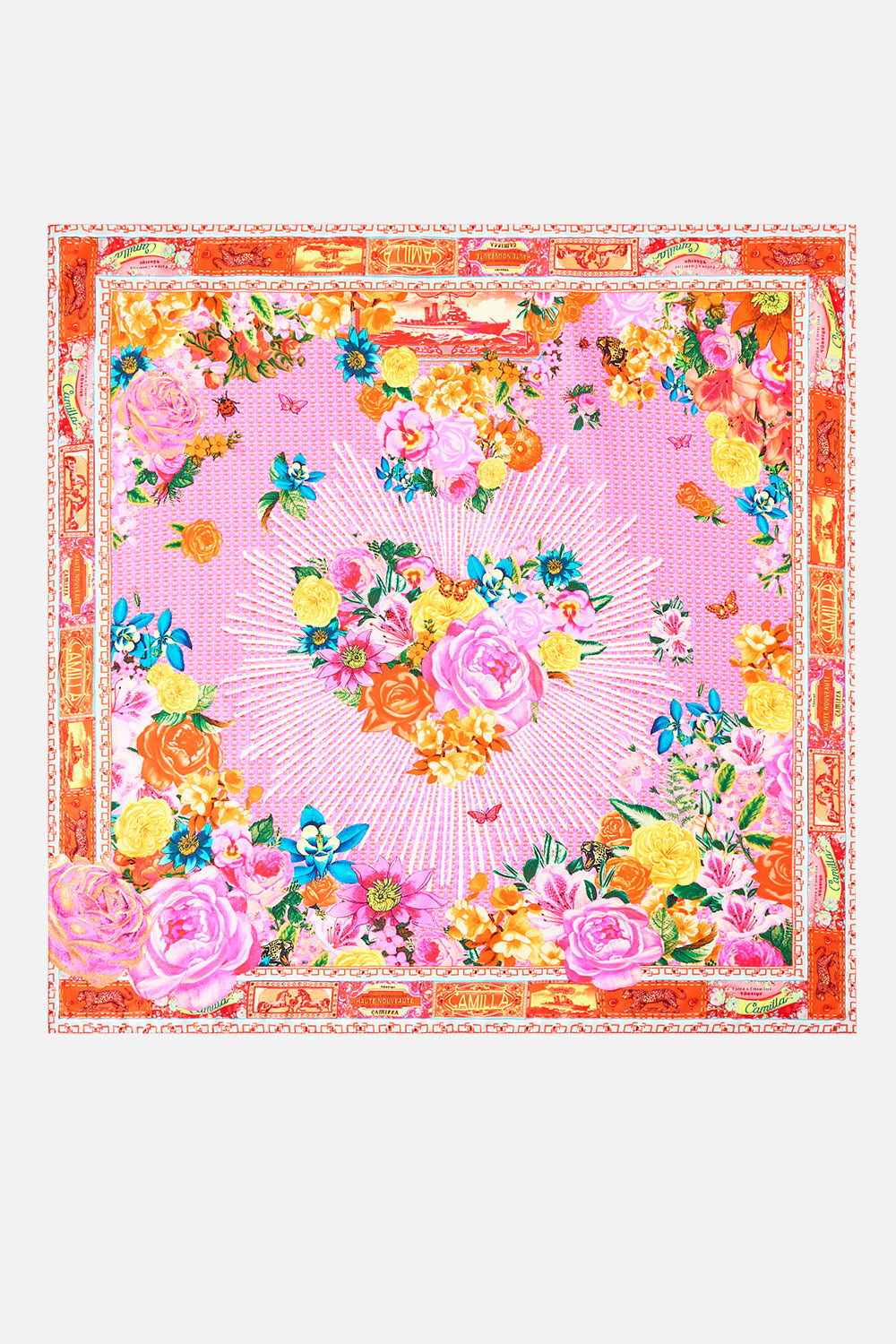 The CAMILLA LARGE CRYSTALLED SILK SQUARE SCARF ILLUSTRATION NATION in our  print.