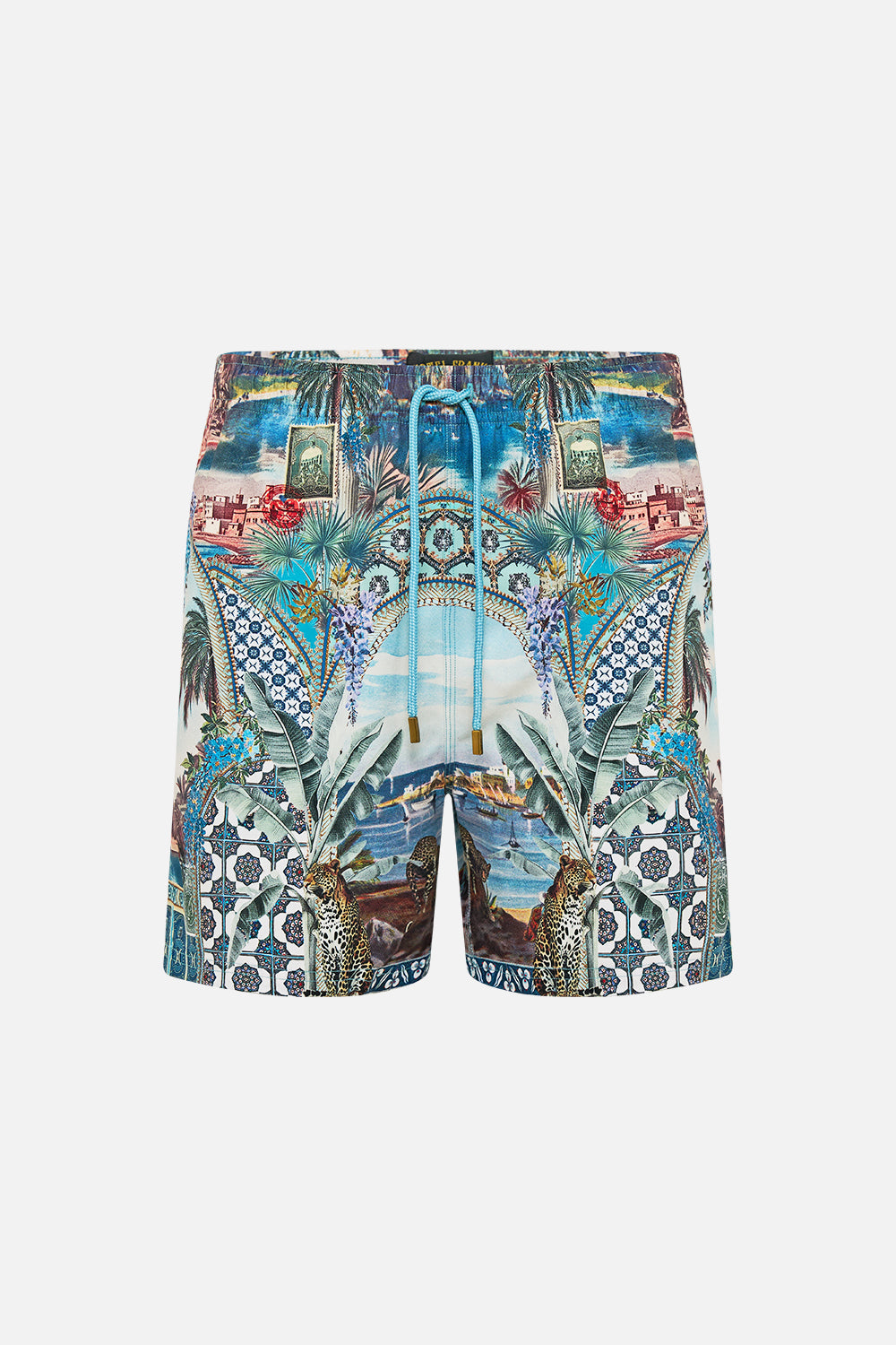 The CAMILLA MID LENGTH BOARDSHORT WITH ELASTIC WAIST POSTCARDS & PALM TREES in our  print.