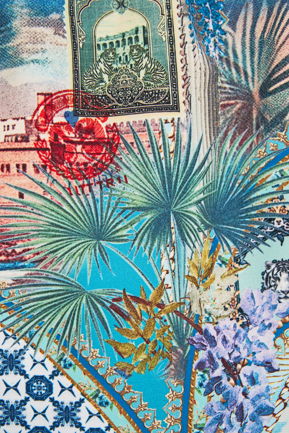 The CAMILLA MID LENGTH BOARDSHORT WITH ELASTIC WAIST POSTCARDS & PALM TREES in our  print.