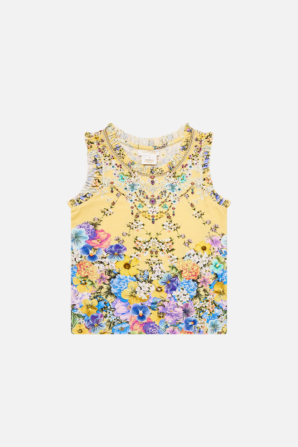 The CAMILLA kids tank top with frill edge from our print darling buds, front product view
