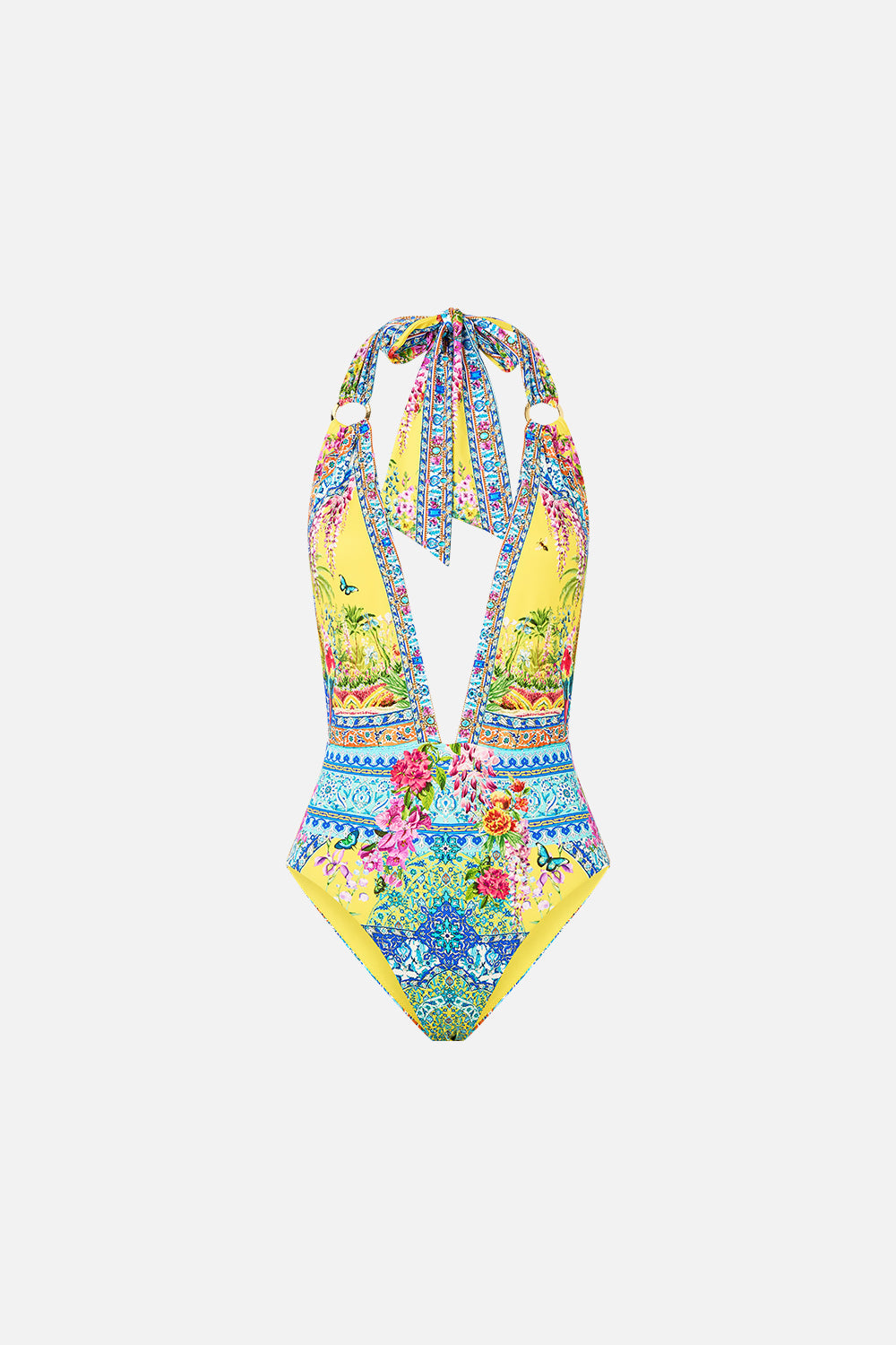 The CAMILLA PLUNGE FRONT LOW BACK HALTER NECK ONE PIECE WITH RINGS SULTANAHMET SUMMER in our  print.