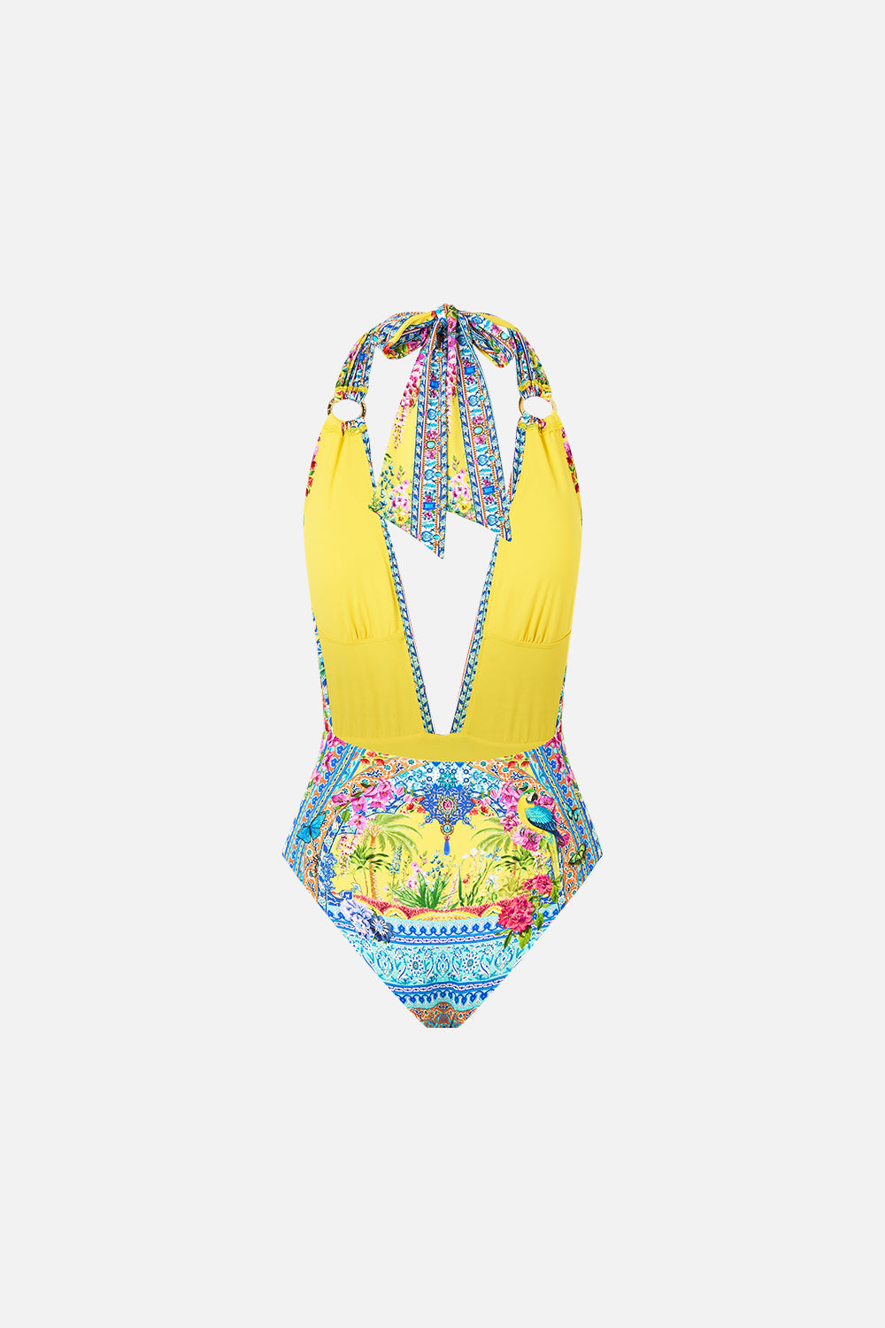 The CAMILLA PLUNGE FRONT LOW BACK HALTER NECK ONE PIECE WITH RINGS SULTANAHMET SUMMER in our  print.
