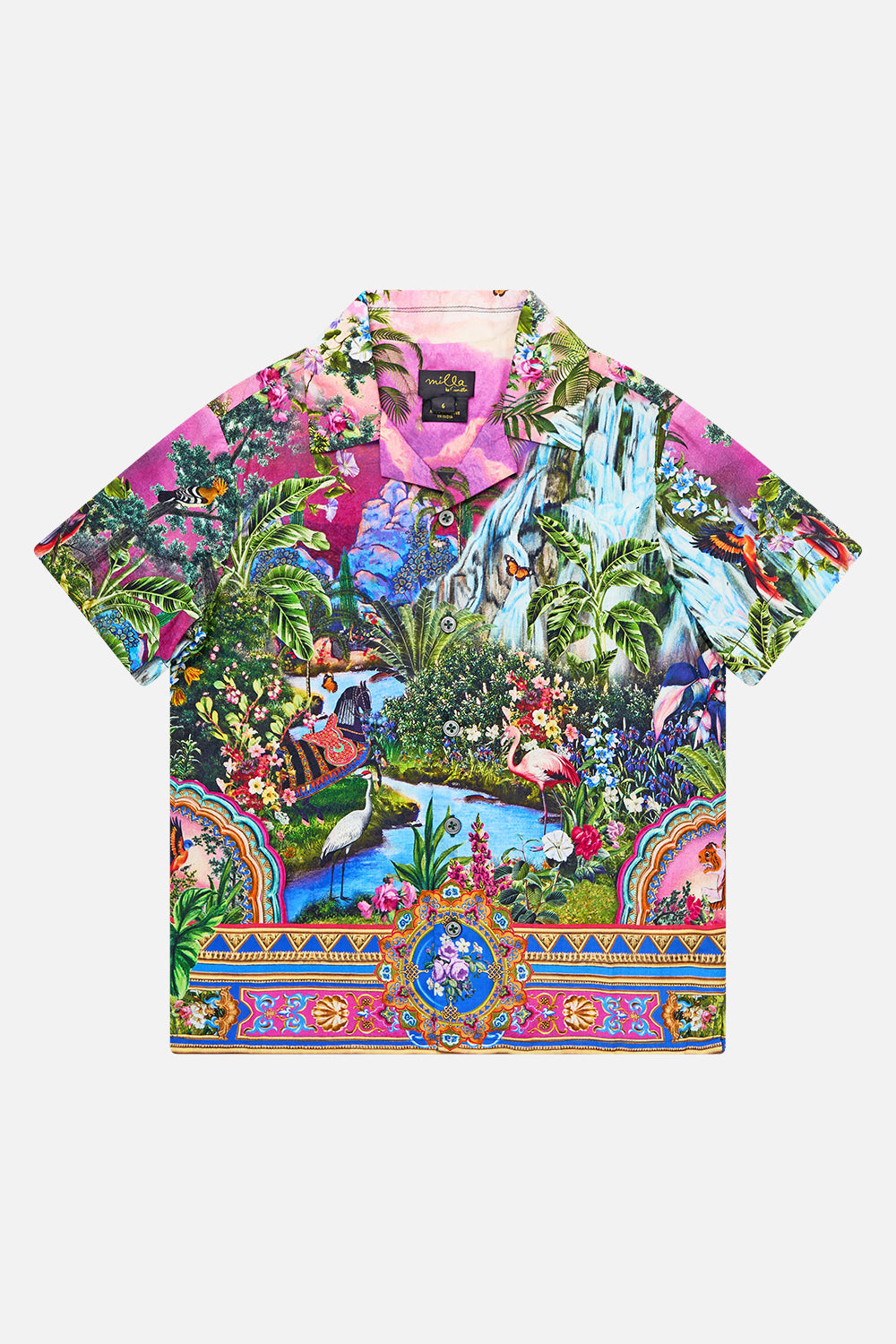 The CAMILLA BOYS SHORT SLEEVE CAMP COLLARED SHIRT TURKISH DELIGHT in our TURKISH DELIGHT print.