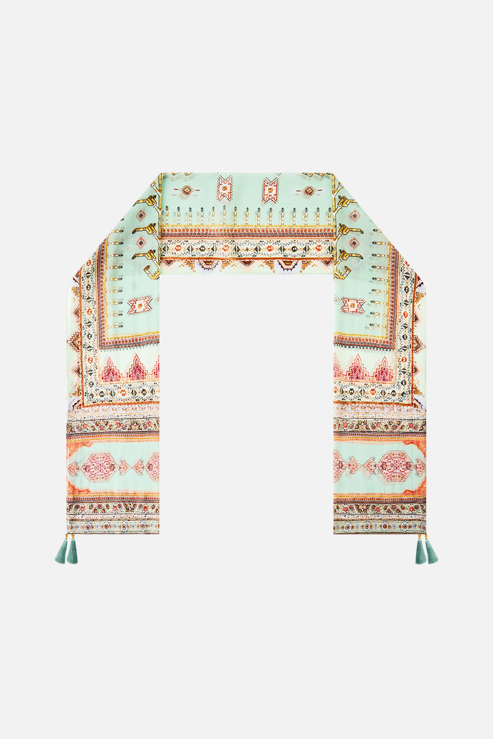 The CAMILLA LONG SILK CRINKLE CHIFFON SCARF LEGEND HAS IT in our LEGEND HAS IT print.
