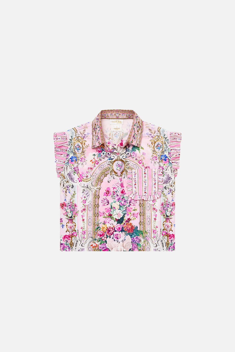 The CAMILLA kids short sleeve shirt with frill pocket from our print palatial pastels, front product view