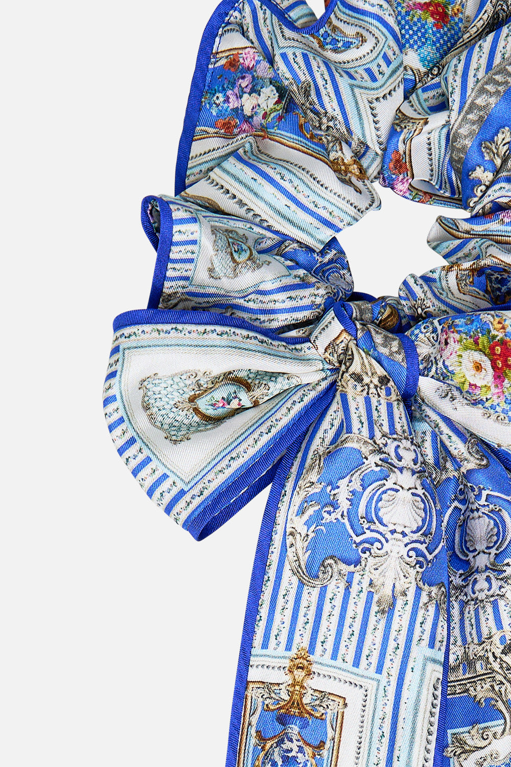 The CAMILLA SCRUNCHIE WITH BOW OTTOMAN OPULENCE in our  print.