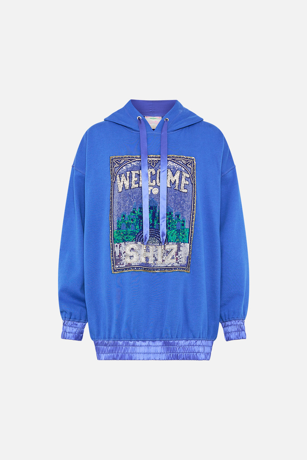 The CAMILLA SILK BAND OVERSIZED HOODIE WITH POCKETS- BLUE DEFY GRAVITY in our  print.