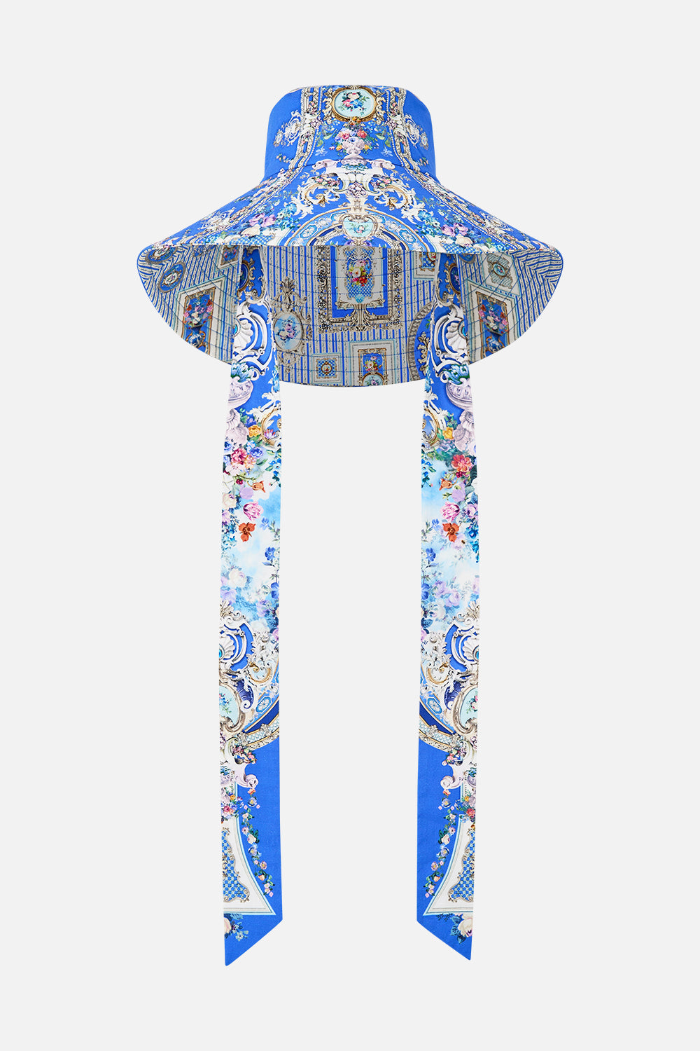 The CAMILLA WIDE BRIM BUCKET HAT WITH TIE OTTOMAN OPULENCE in our OTTOMAN OPULENCE print.