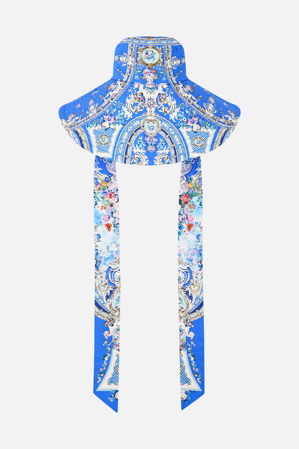 The CAMILLA WIDE BRIM BUCKET HAT WITH TIE OTTOMAN OPULENCE in our  print.