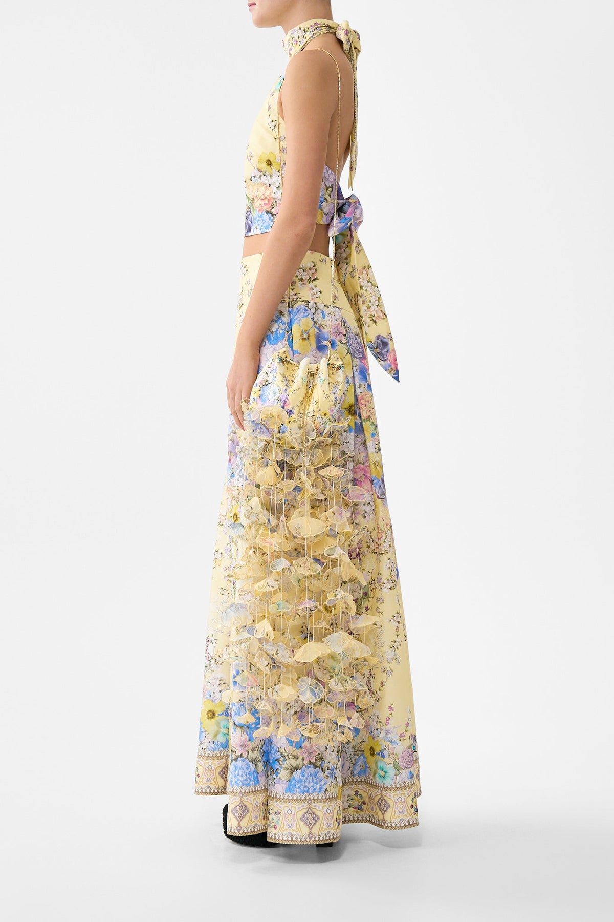 DRAWSTRING POUCH BAG WITH FLORAL FRINGE DARLING BUDS