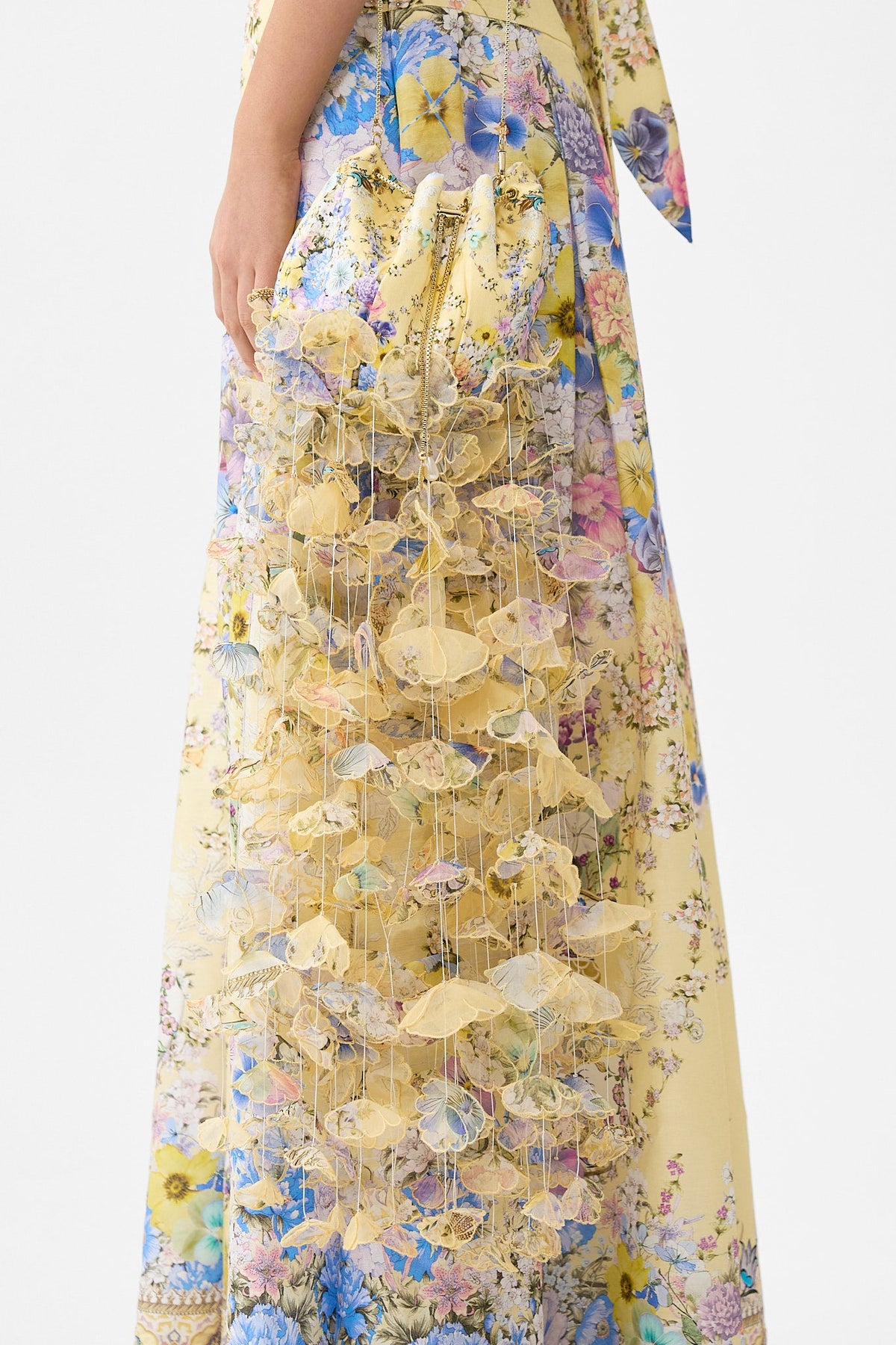 DRAWSTRING POUCH BAG WITH FLORAL FRINGE DARLING BUDS