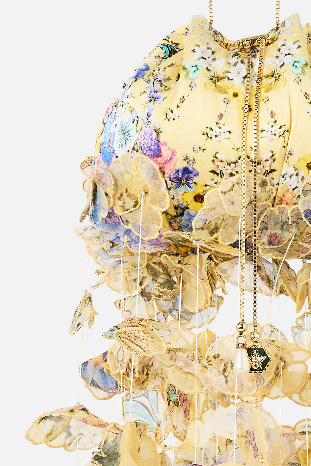 DRAWSTRING POUCH BAG WITH FLORAL FRINGE DARLING BUDS