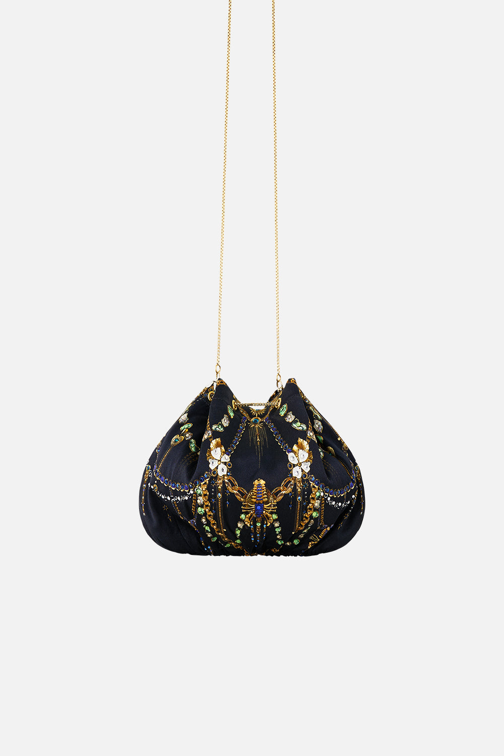 The CAMILLA drawstring pouch bag with chain strap from our print amulets and alchemy, back product view