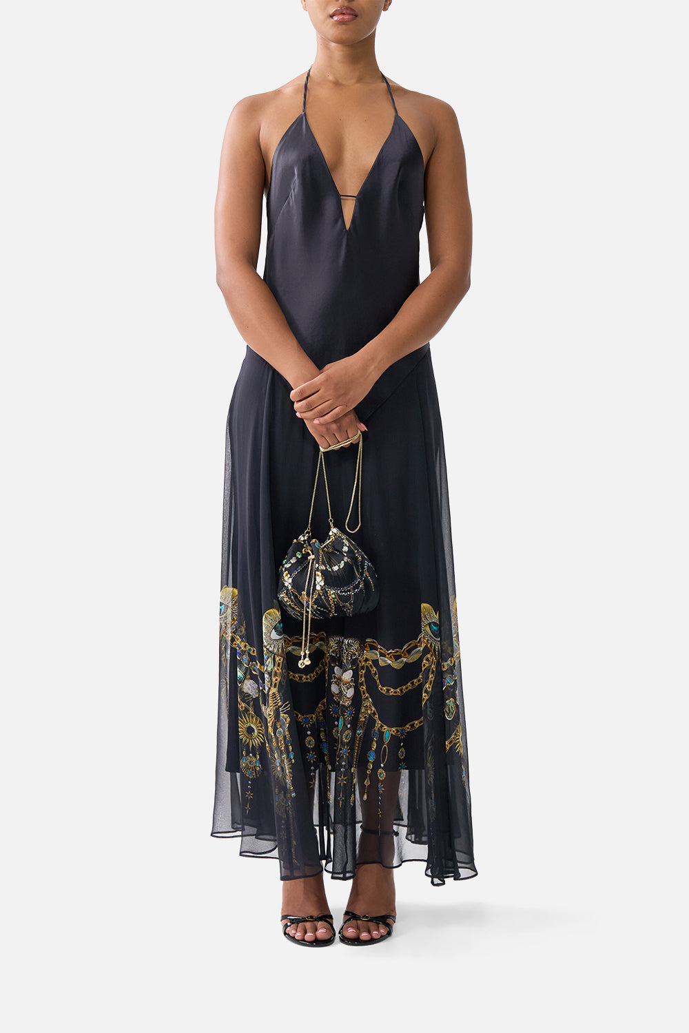 The CAMILLA drawstring pouch bag with chain strap from our print amulets and alchemy