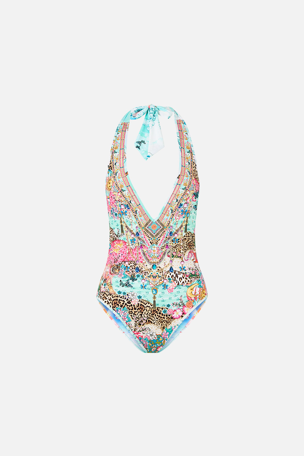 The CAMILLA reversible bind edge v neck halter one piece from our print miniature moments, front product view