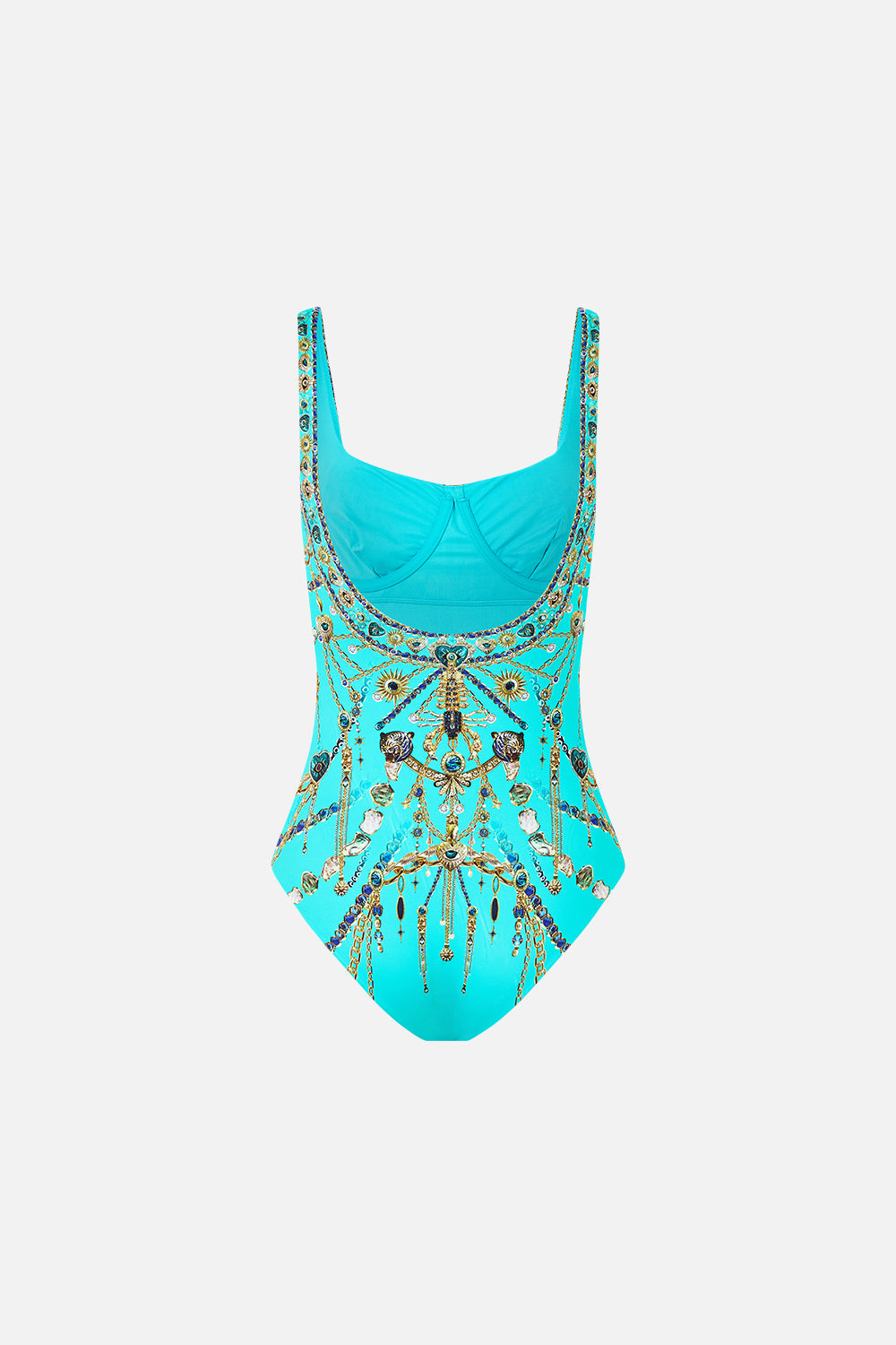 The CAMILLA underwire square neck one piece with scoop back from our print totems and treasures, back product view