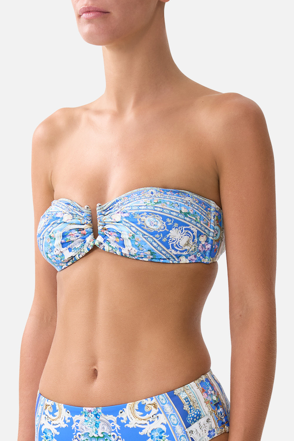 The CAMILLA bandeau bikini top with u ring front trim from our print Ottoman opulence