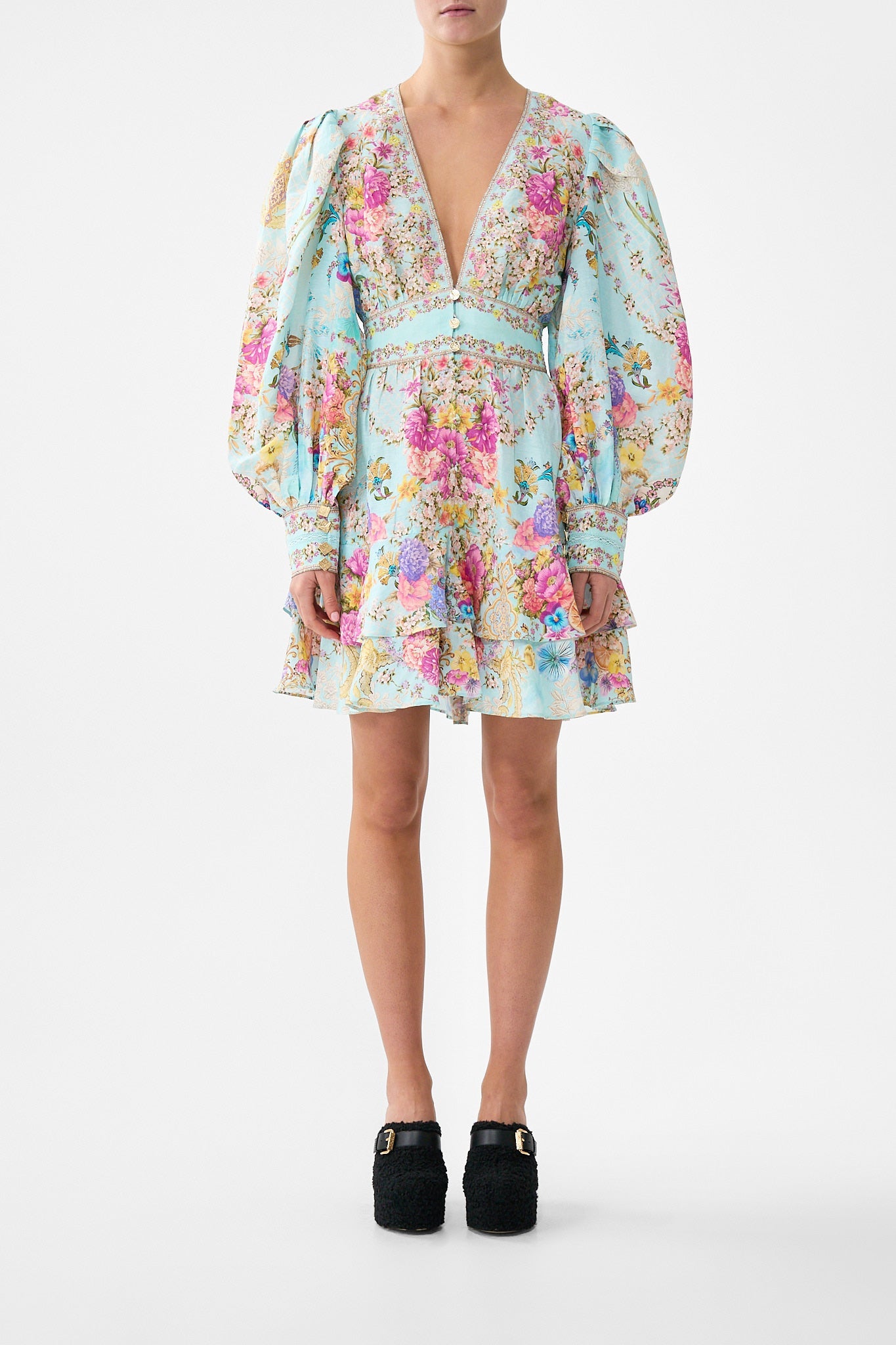 The CAMILLA BUTTON FRONT FRILL DRESS BAZAAR BLOOMS in our BAZAAR BLOOMS print.