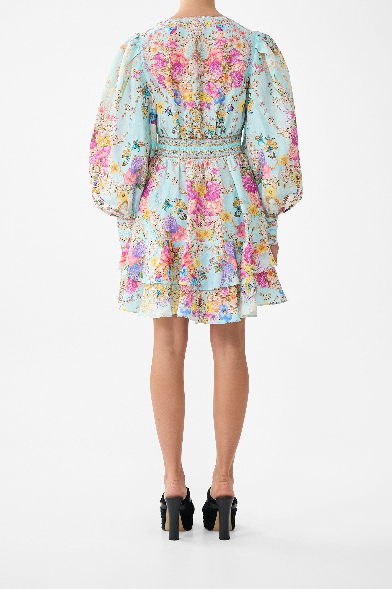 The CAMILLA BUTTON FRONT FRILL DRESS BAZAAR BLOOMS in our  print.