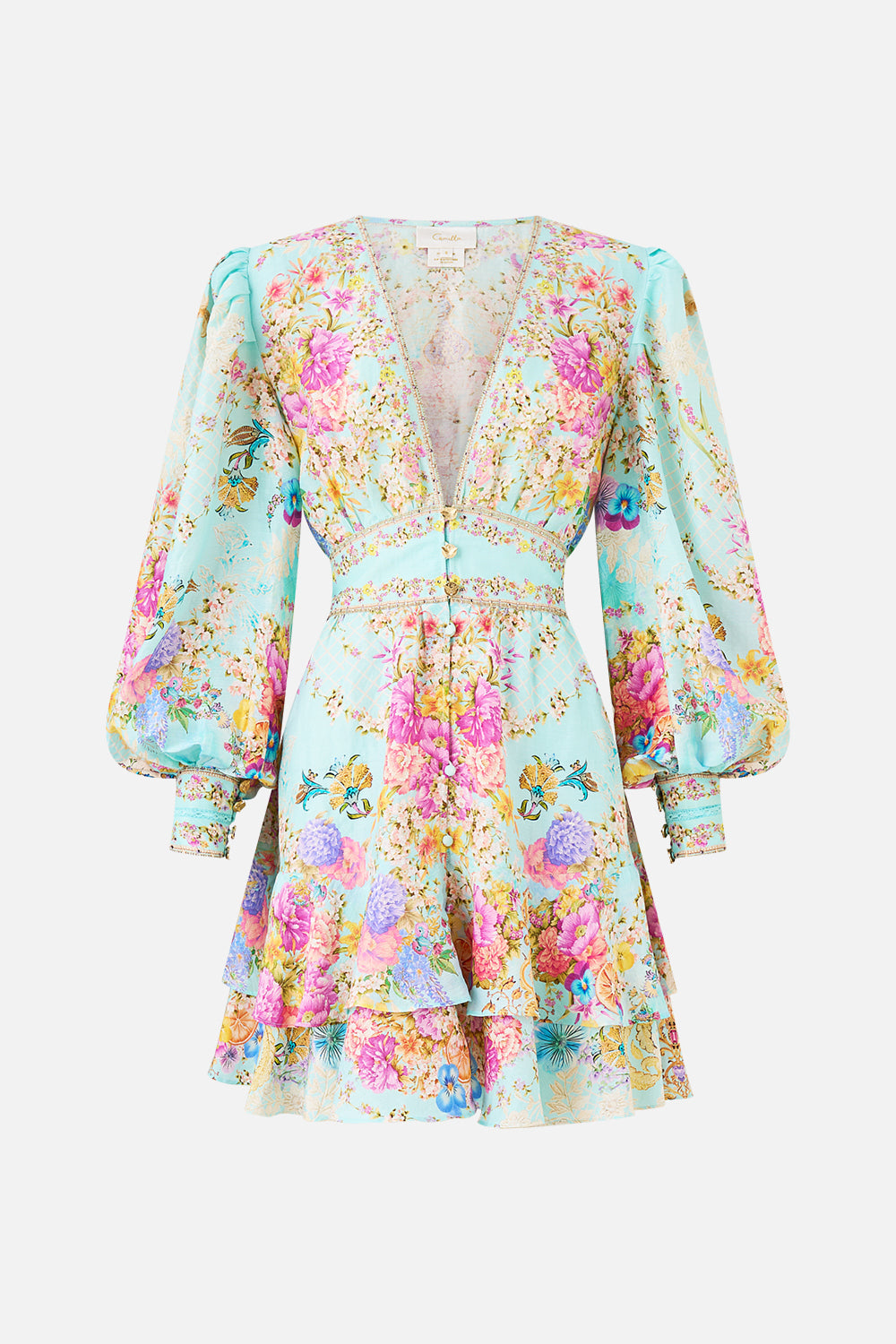 The CAMILLA BUTTON FRONT FRILL DRESS BAZAAR BLOOMS in our  print.