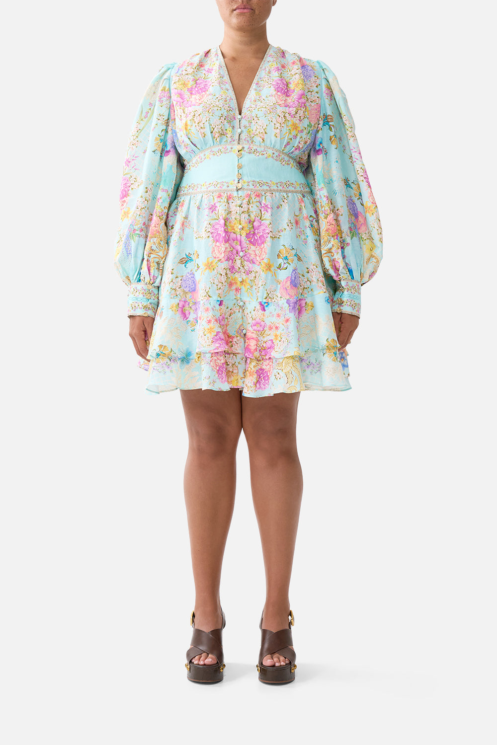 The CAMILLA BUTTON FRONT FRILL DRESS BAZAAR BLOOMS in our  print.